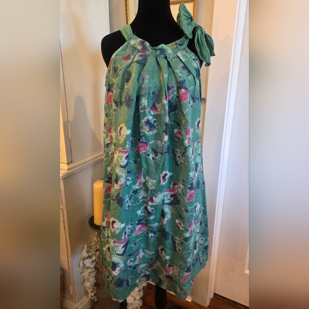 BELLAMBRA Art To Wear Abstract Floral 100% Linen Halter-style Dress Size Small